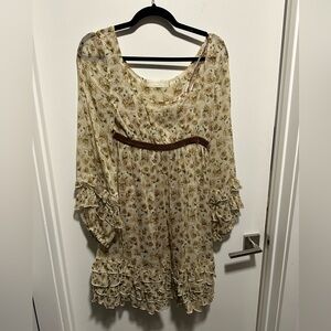 Alessia Zamattio Silk Knee-length Romantic Floral Dress, tan/green, US 4, Italy